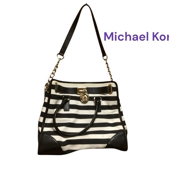 KORS Michael Kors Handbags - MICHAEL KORS HAMILTON BLACK/WHITE STRIPED SHOULDER BAG WITH ZIPPER LOCK AND KEY